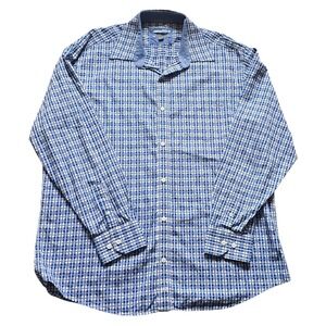 Johnston & Murphy Tailored Fit Blue Plaid Long‎ Sleeve Button Down Shirt XL